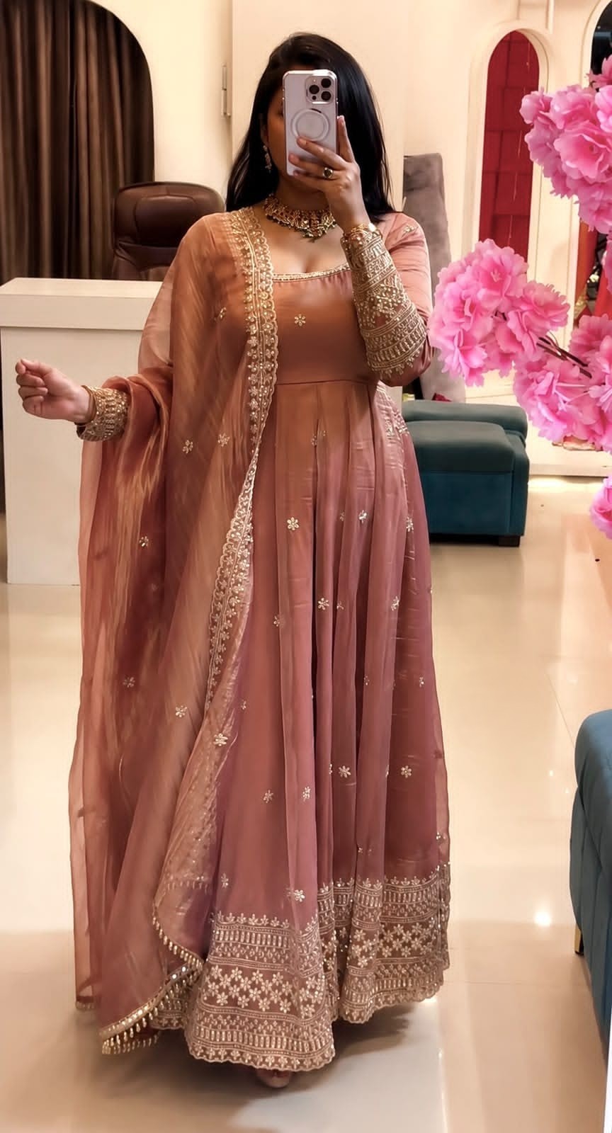 Crunchy Silk Fully Flared Embroidered Sequence Anarkali Set